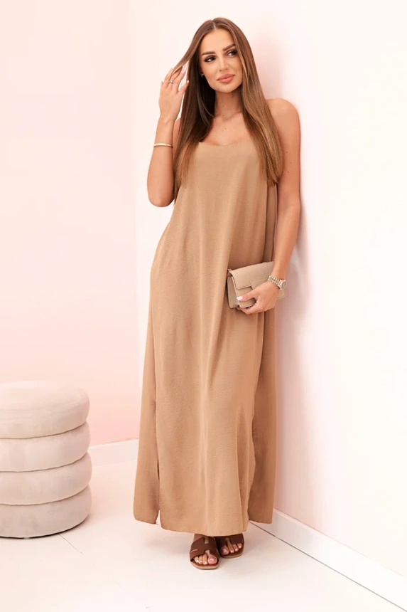 Long dress with straps light camel 