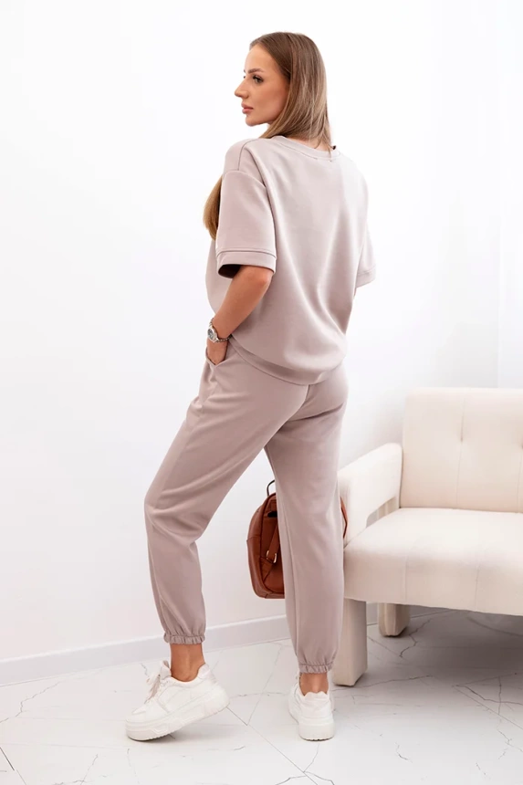 Damen-Viskose-Set mit kurzen Ärmeln und Hosen Dunkelbeige