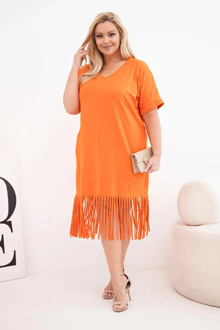 Dámske bavlnené šaty s výstrihom do V a strapcami Plus Size oranžová