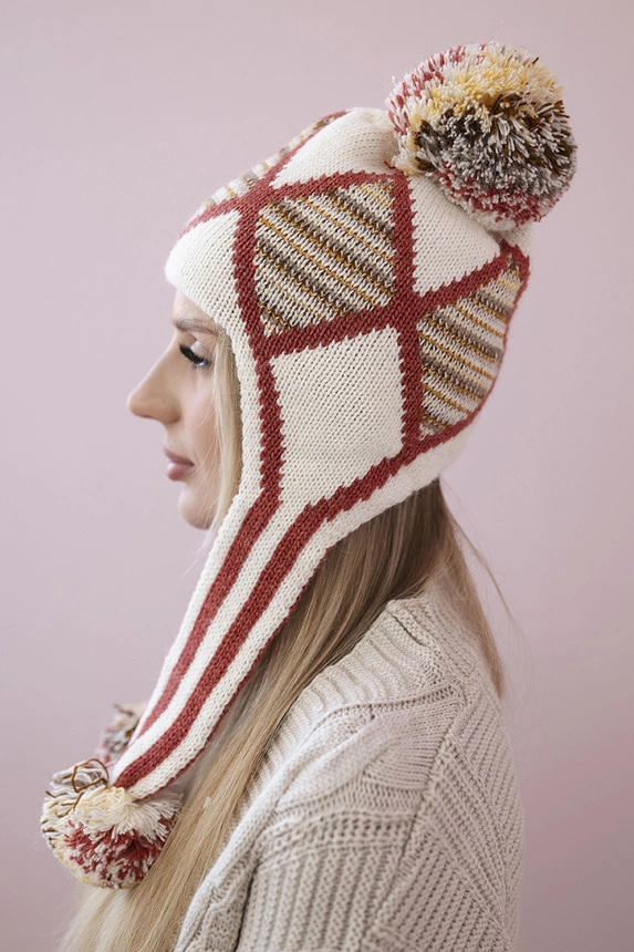 Women's long eared cap Eunika K322 ecru+red