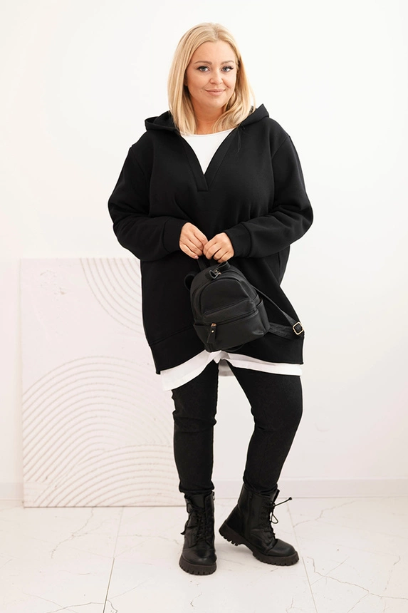 Bluza damska ocieplana Plus Size z kapturem i dekoltem w serek czarna