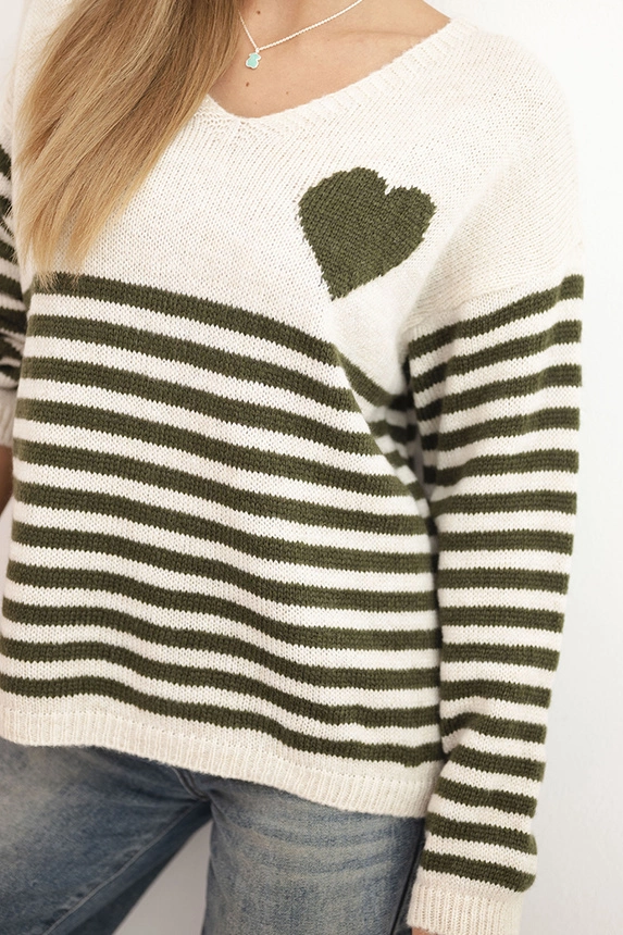 Women's striped sweater with a heart, mohair, and V-neck khaki
