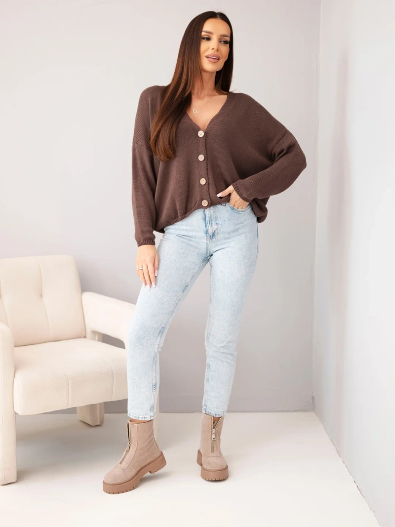 Damen Baumwoll Oversize Pullover mit Knöpfen und V-Ausschnitt braun