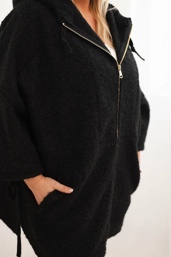 Płaszcz damski Plus Size z kapturem i zamkiem czarny