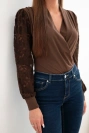 Women's wrap bodysuit blouse with lace sleeves brown