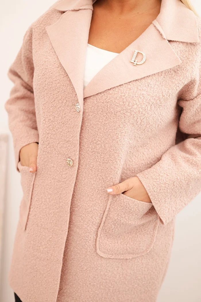 Płaszcz damski Plus Size baranek z wełną i kieszeniami pudrowy róż