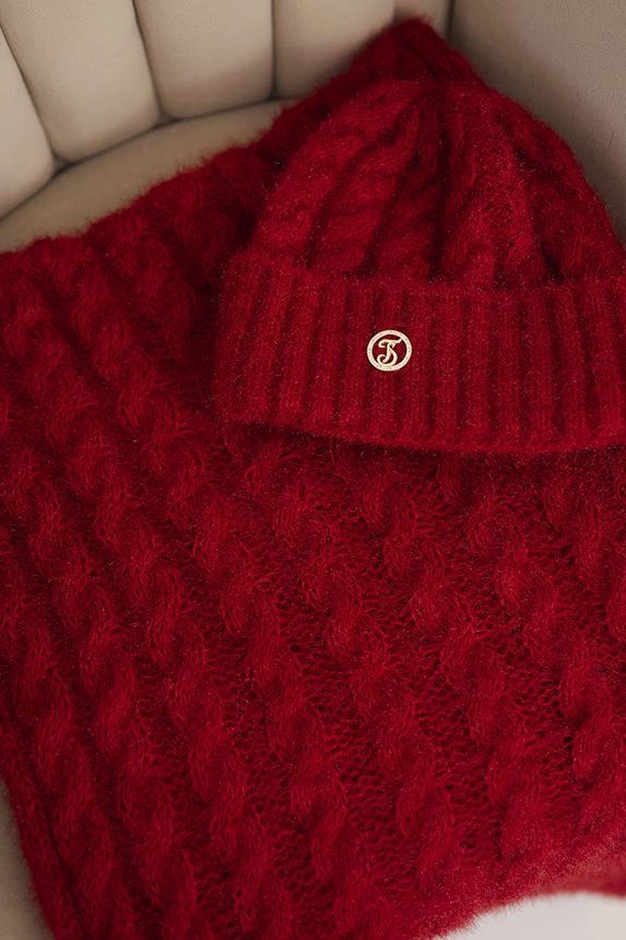 Damen Set Mütze und Schal mit Rippstruktur und Dekoration rot