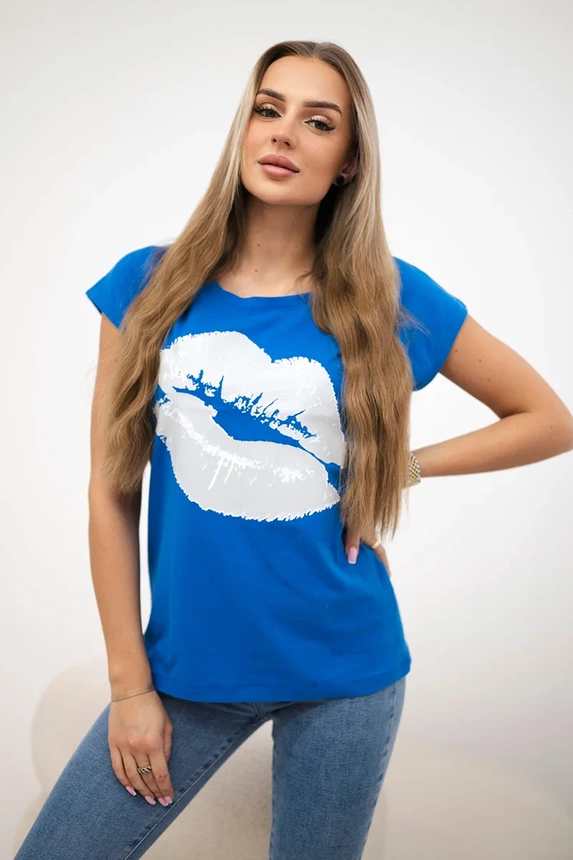 Blouse with lips print mauve-blue