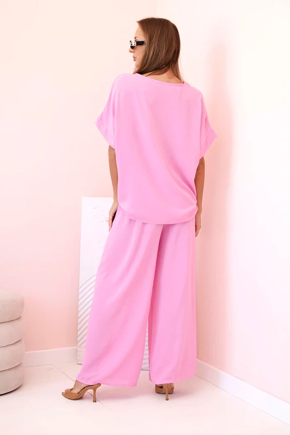 Women's viscose set with decorative flower and wide trousers light pink