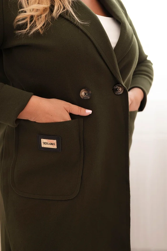 Dámský elegantní plášť Plus Size s límcem a velkými kapsami khaki