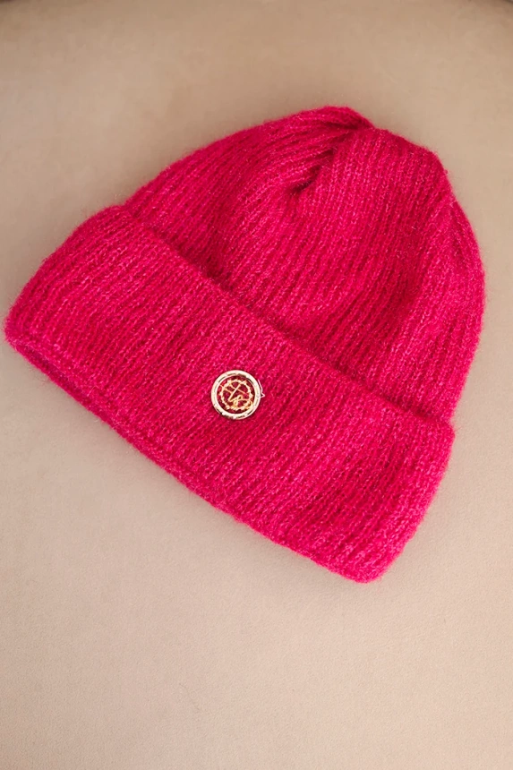 Women's winter fluffy hat with decorative button fuchsia