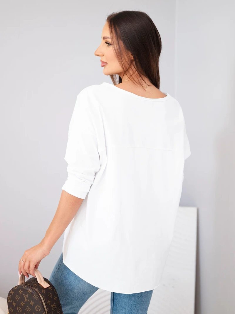 Damen Baumwoll Oversize Bluse mit V-Ausschnitt und verlängertem Rücken weiß