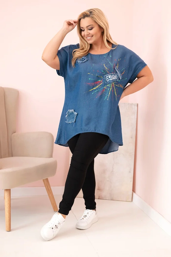 Damenbluse in Plus Size mit Aufnähern denim
