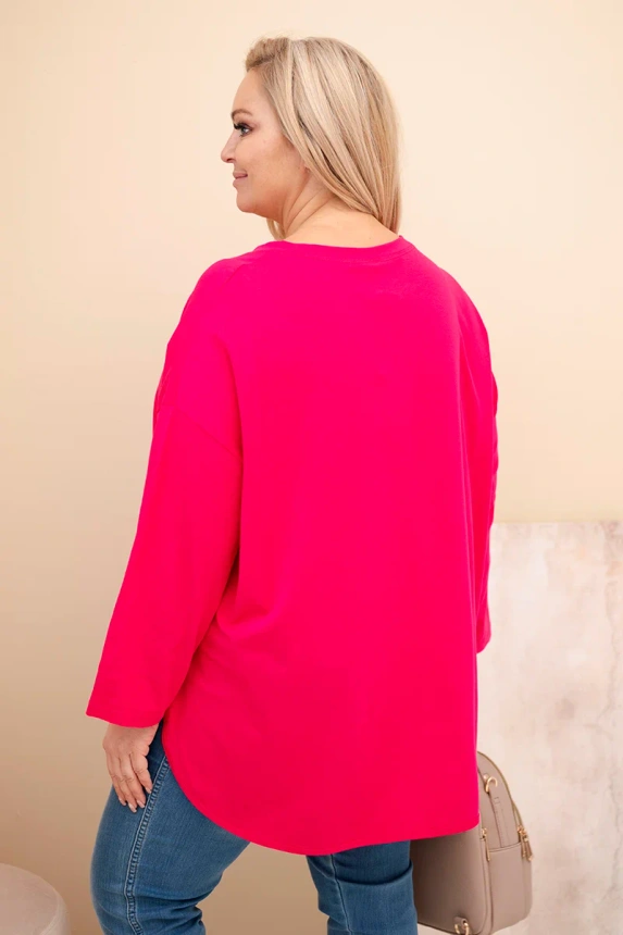 Damenbluse Plus Size aus Baumwolle mit Tasche und umgeschlagenem Ärmel fuchsia