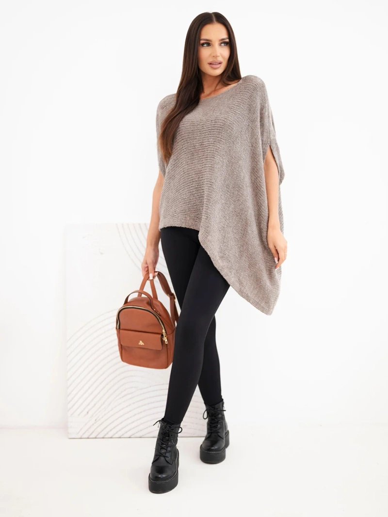 Women's mohair poncho sweater asymmetrical with a wide neckline fango brown