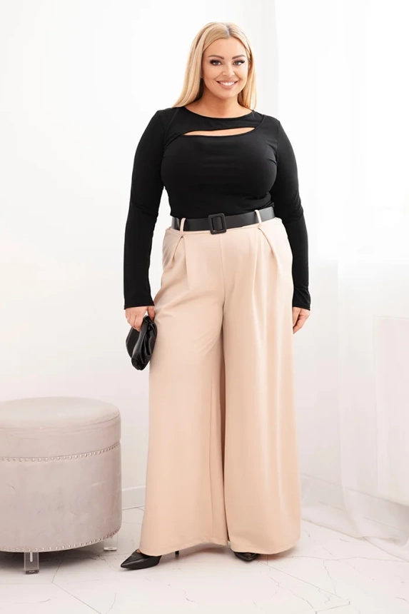 Dámske nohavice Plus Size so širokým nohavcom a pásom béžové