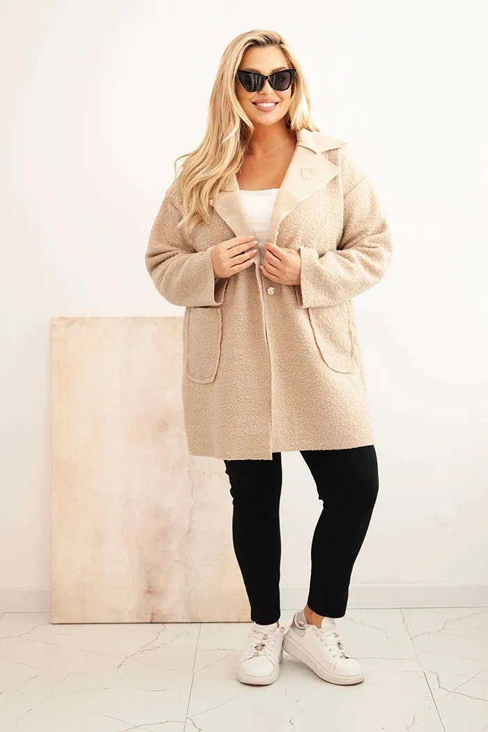 Dámsky kabát Plus Size baranok s vlnou a vreckami béžový