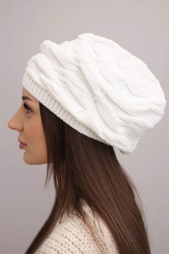 Women's winter wool hat with decorative weave and studs K397 white
