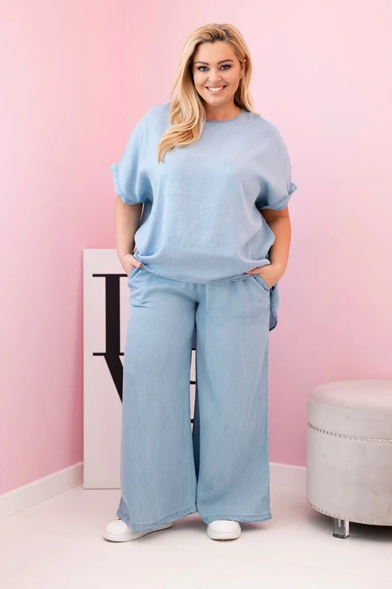 Dámsky komplet Plus Size z tencelu blúzka a nohavice s viazaním svetlo džínsový