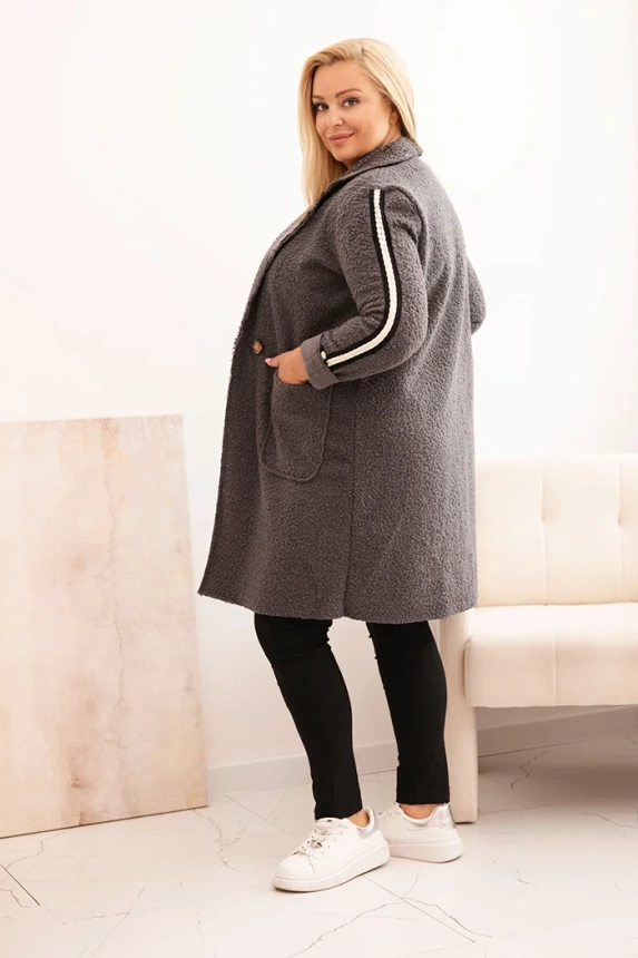 Dámský kabát Plus Size z umělého beránka s kapsami grafitový