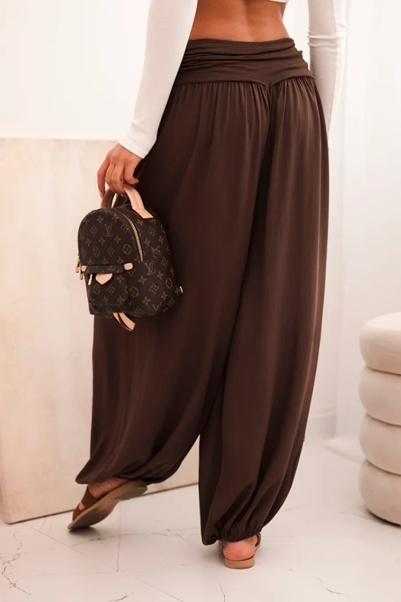 Women's viscose trousers with wide leg and ruffles brown