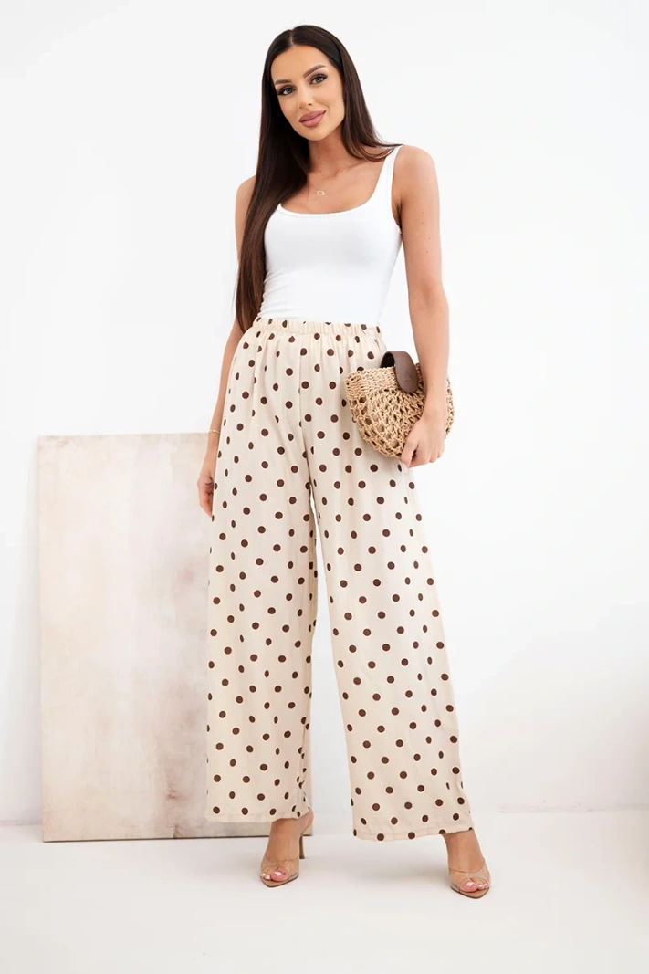 Women’s wide-leg polka dot summer trousers with elastic waistband beige
