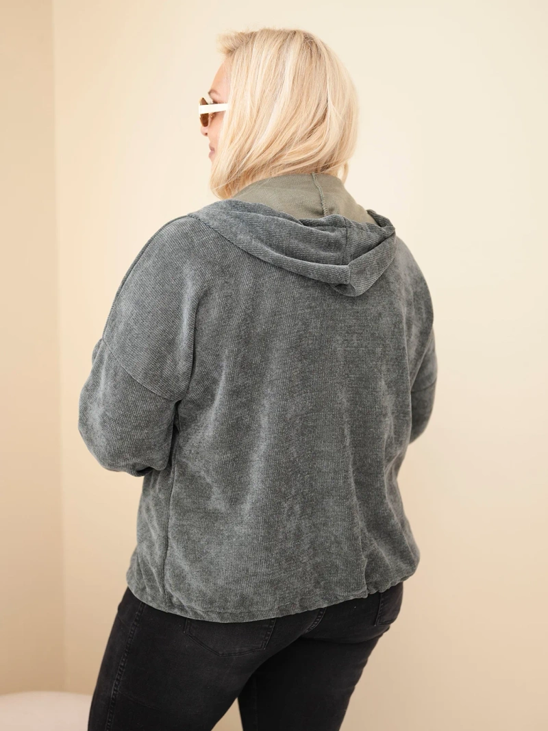 Damen Oversize Plus Size Cord Hoodie mit Reißverschluss und Kapuze khaki