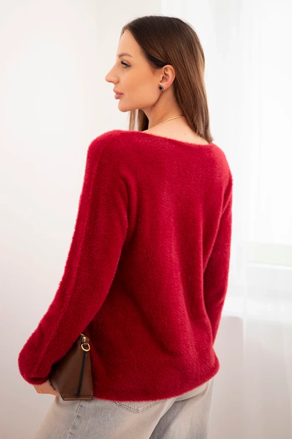 Women's sweater made of soft knit with a V-neck burgundy