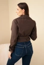 Damen Viskosejacke kurz zweireihig mit Gürtel und Klappen braun
