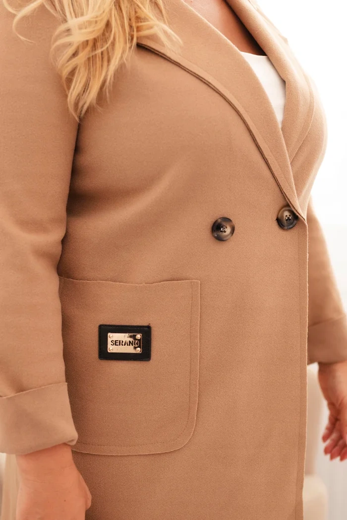 Dámsky elegantný kabát Plus Size s golierom a veľkými vreckami camelový