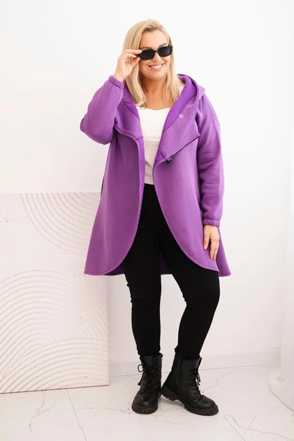 Damenpullover Plus Size gefüttert mit Kapuze und asymmetrischem Reißverschluss dunkelviolett