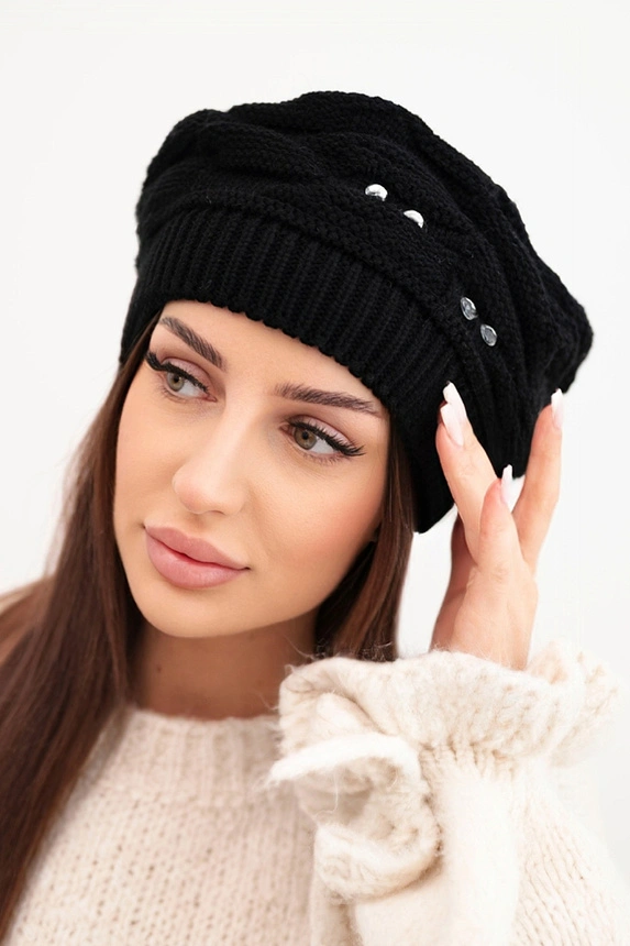 Women's wool winter hat with decorative crystals K399 black