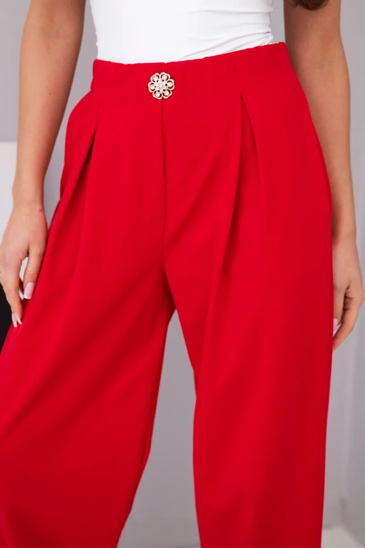 Women's cotton high-waisted pants with a decorative button red
