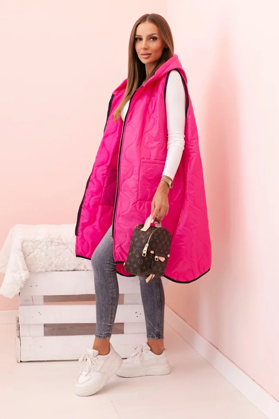 Dámská prošívaná vesta Plus Size s kapucí na zip růžová