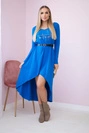 Dress with a decorative belt and an inscription mauve-blue