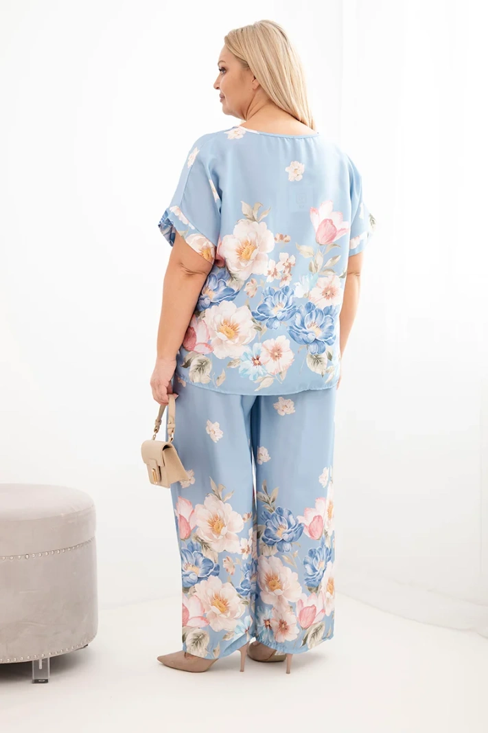 Plus-Size-Damen-Set mit Bluse und Hose mit Blumenmuster und weitem Bein blau