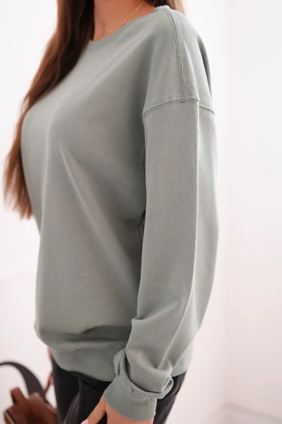 Basic women's cotton looped sweatshirt with a round neckline dark mint