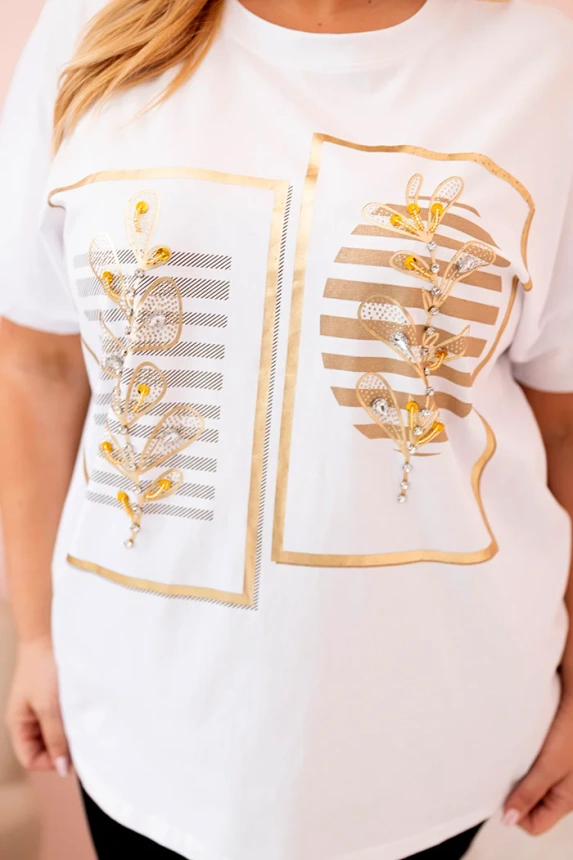 Dámská bavlněná halenka Plus Size s kamínky bílá + camel