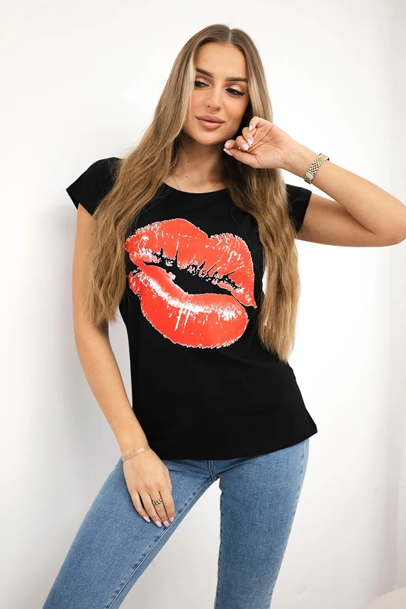 Blúzka s potlačou pier čierna