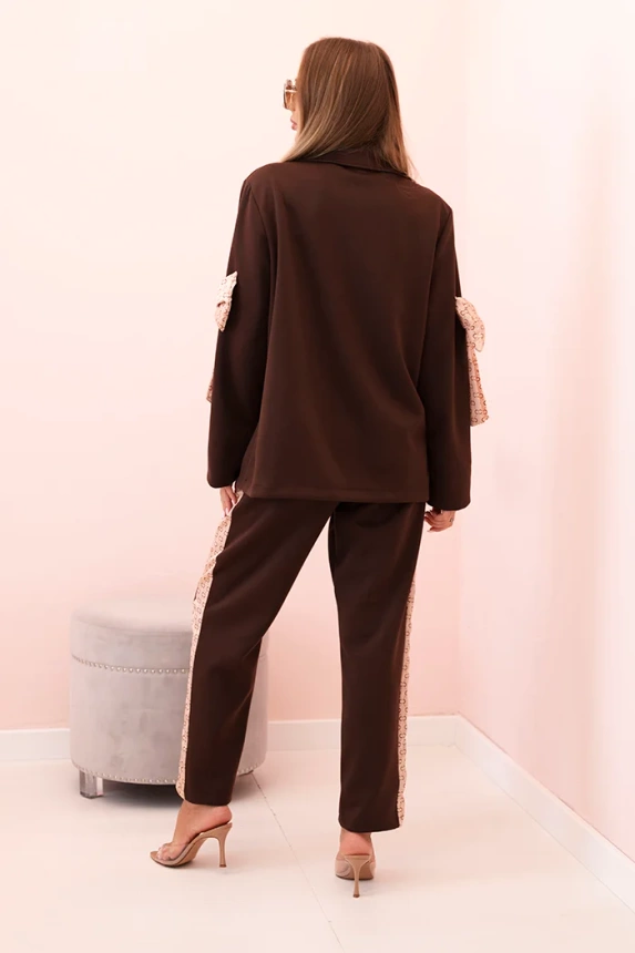 Women's set with viscose – blazer with lapels and pants with a stripe brown