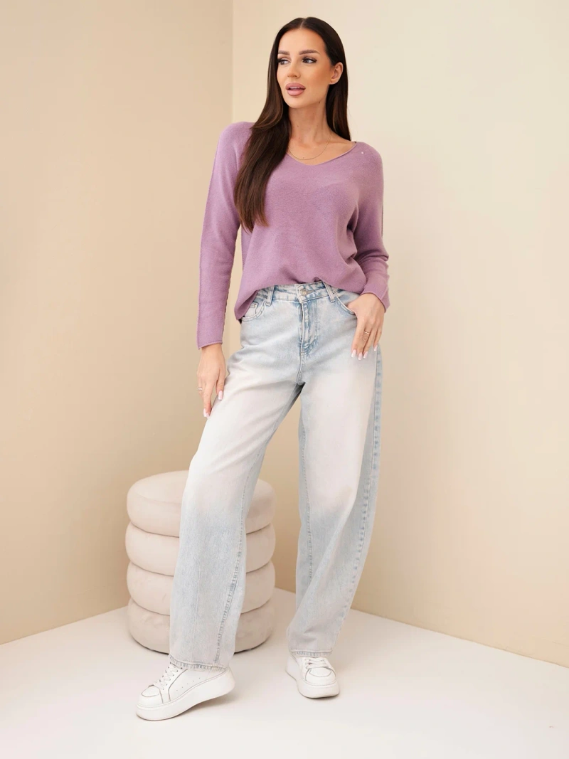 Dámsky sveter s viskózou s výstrihom do V tmavo ružový