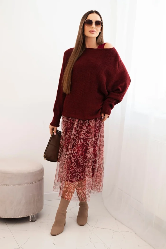 Women's set with a wool sweater and a viscose dress burgundy