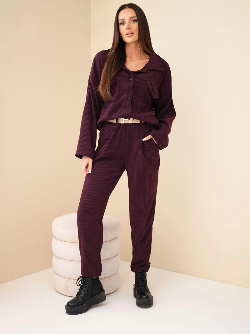 Damen Set aus Viskose Cord mit Sweatshirt und Hose mit Gürtel pflaume