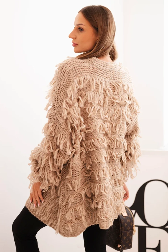 Women's cardigan with fringes and a loose fit camel