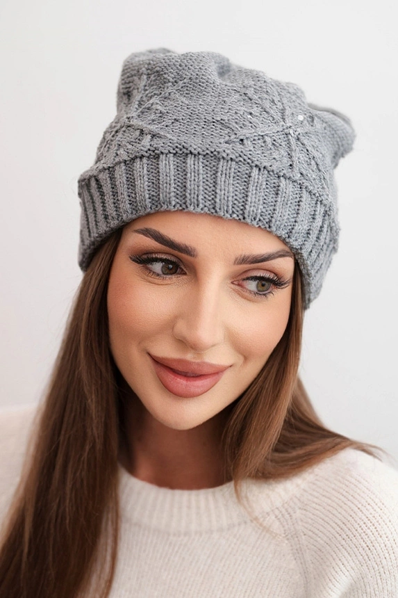 Women's winter hat with wool and decorative weave with pearls K470 dark gray