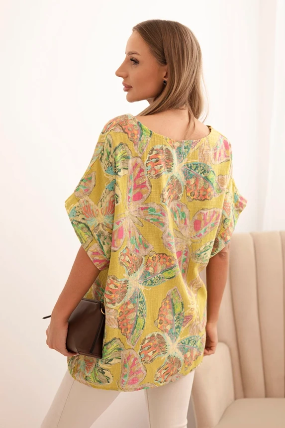 Women's cotton blouse with butterfly motif and short sleeves kiwi