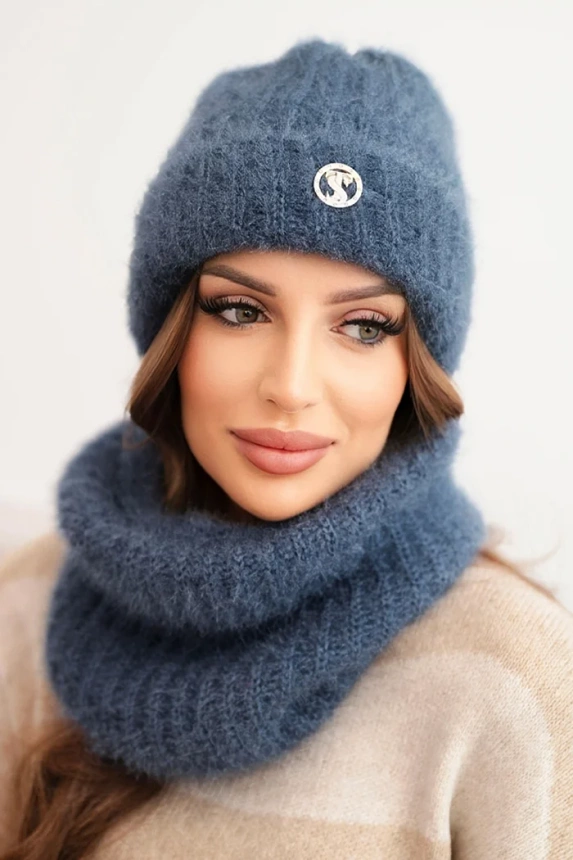 Women's set hat and winter fluffy scarf with decorative emblem denim color