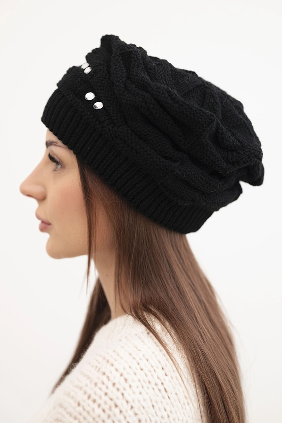 Women's wool winter hat with decorative crystals K399 black