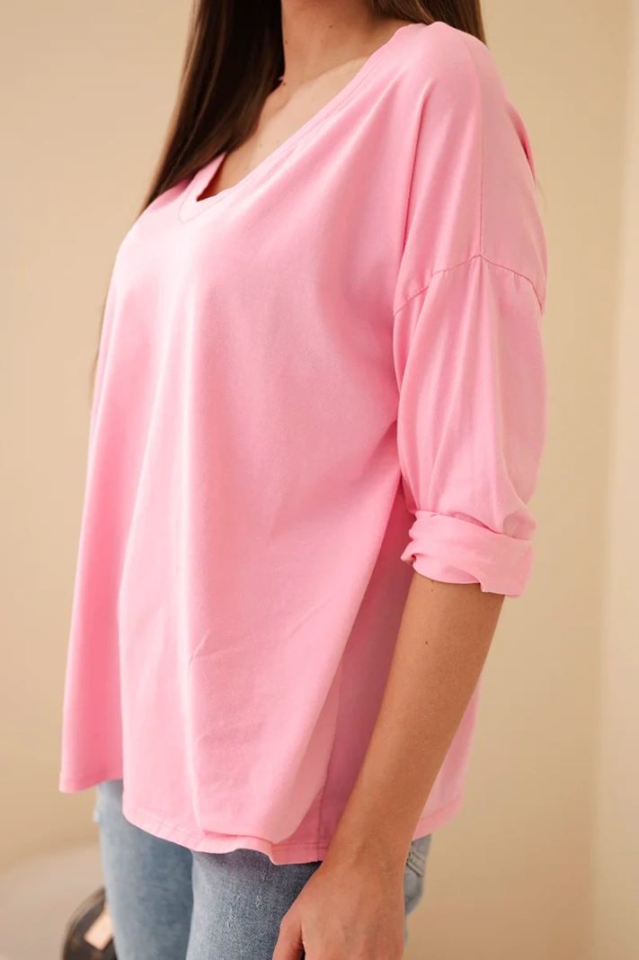 Women's cotton blouse with a V-neck and long sleeves light pink