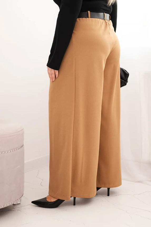 Moteriški Plus Size kelnės su plačiomis kojomis ir diržu cameliniai